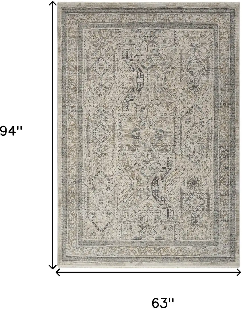 Ivory And Gray Medallion Distressed Area Rug With Fringe Photo 3