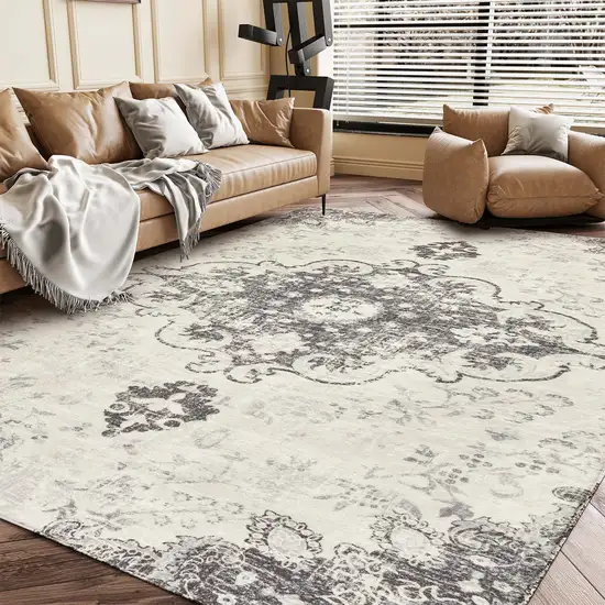Ivory And Gray Medallion Distressed Washable Area Rug Photo 4