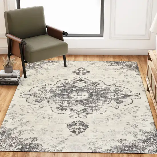 Ivory And Gray Medallion Distressed Washable Area Rug Photo 3