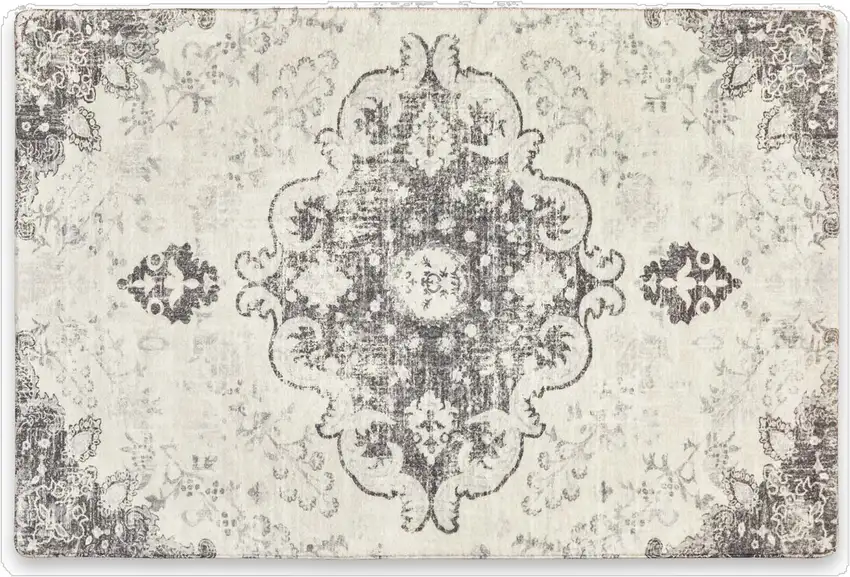 Ivory And Gray Medallion Distressed Washable Area Rug Photo 2