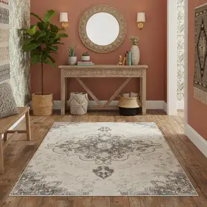 Photo of Ivory And Gray Medallion Distressed Washable Area Rug