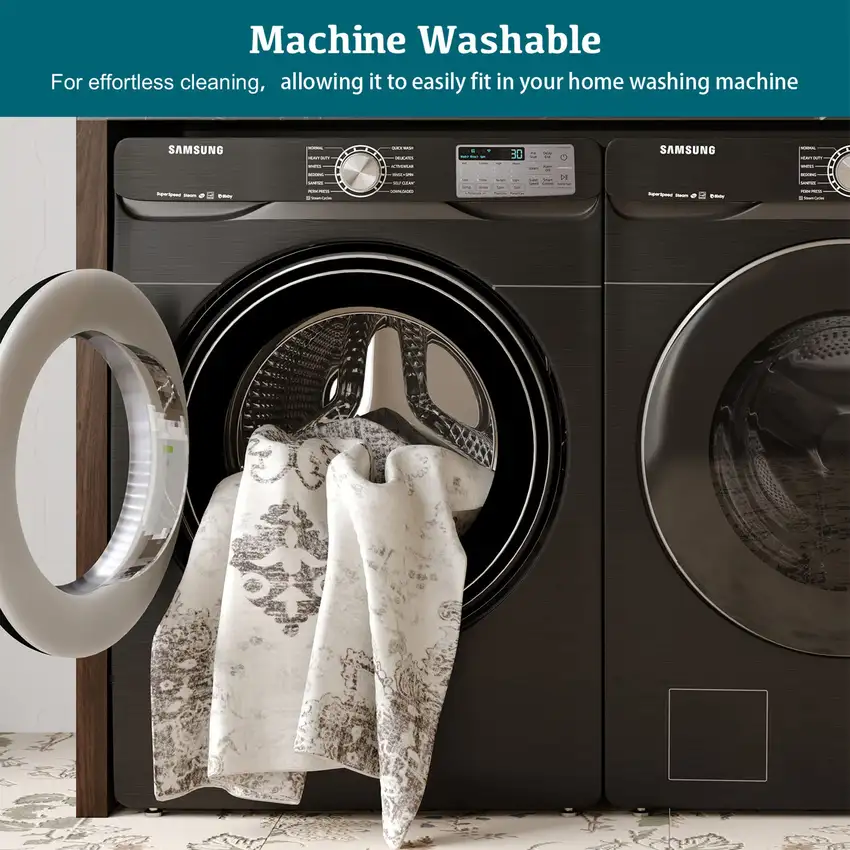 Ivory And Gray Medallion Distressed Washable Area Rug Photo 6