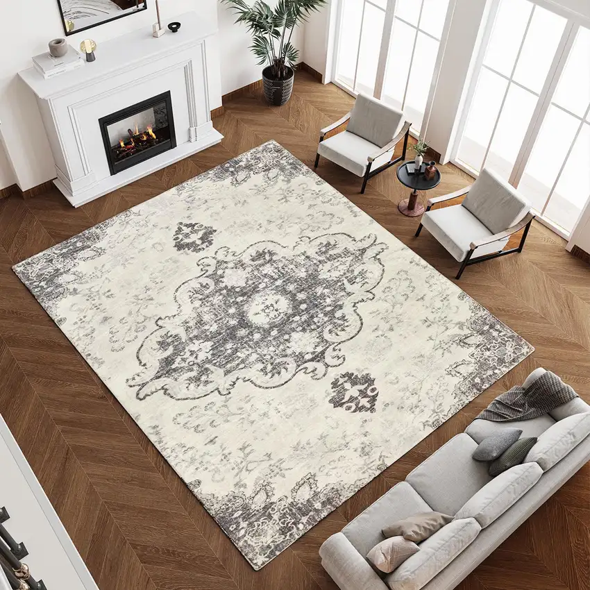 Ivory And Gray Medallion Distressed Washable Area Rug Photo 6