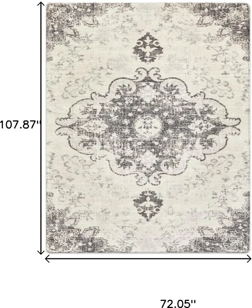 Ivory And Gray Medallion Distressed Washable Area Rug Photo 8