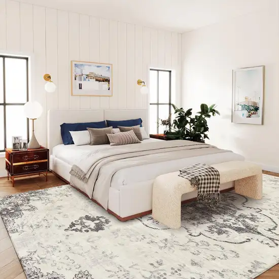 Ivory And Gray Medallion Distressed Washable Area Rug Photo 7