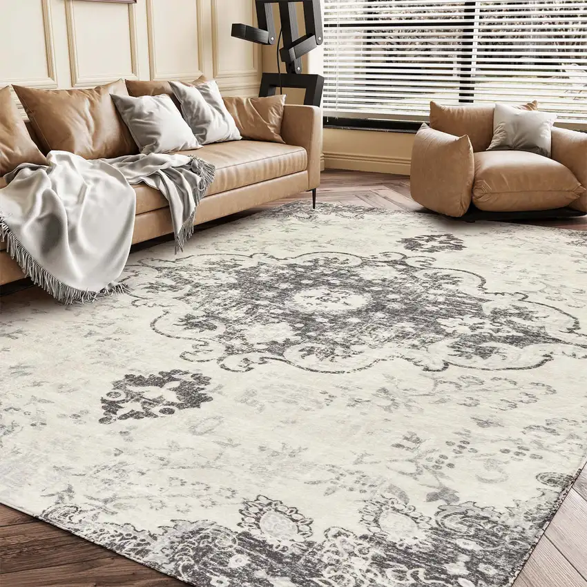 Ivory And Gray Medallion Distressed Washable Area Rug Photo 5