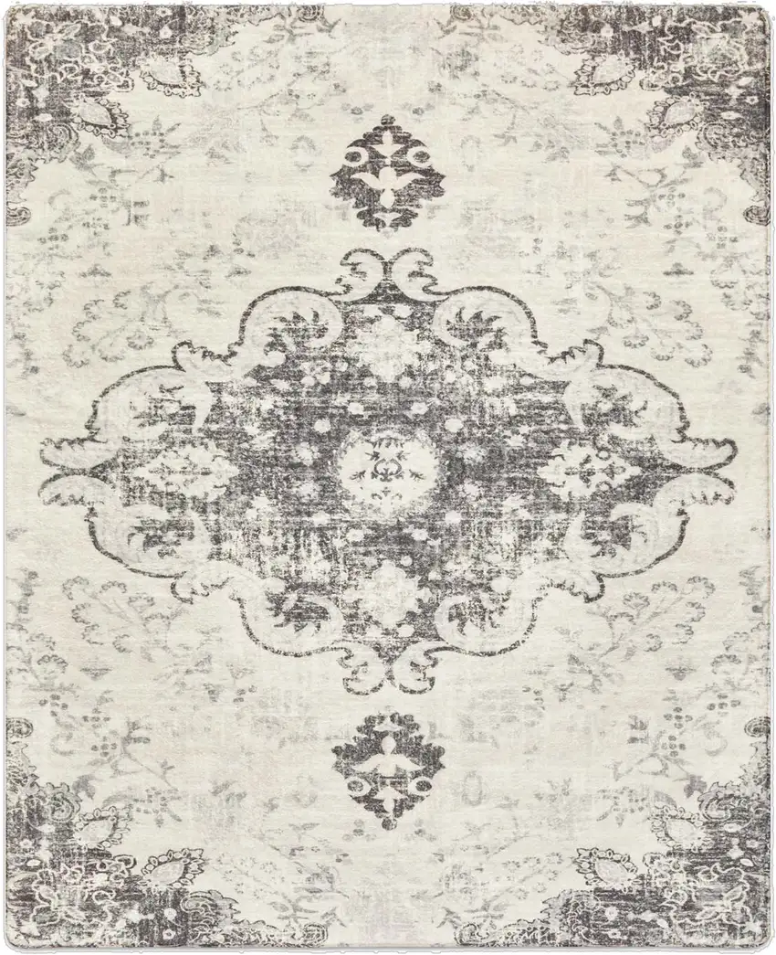 Ivory And Gray Medallion Distressed Washable Area Rug Photo 2