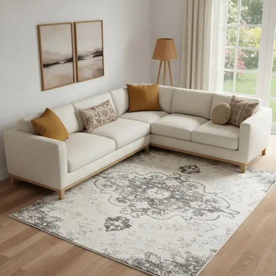 Ivory And Gray Medallion Distressed Washable Area Rug Photo 1