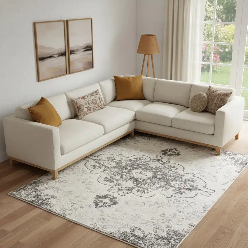 Ivory And Gray Medallion Distressed Washable Area Rug Photo 1