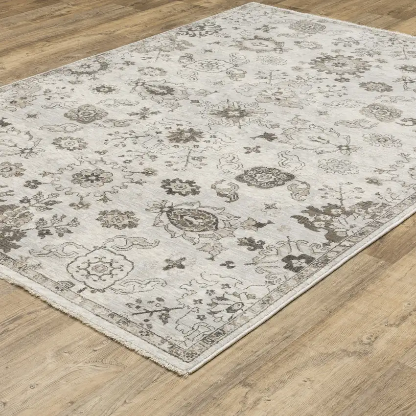 Ivory And Gray Oriental Area Rug With Fringe Photo 6