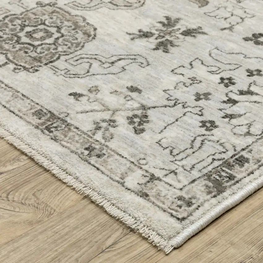 Ivory And Gray Oriental Area Rug With Fringe Photo 5