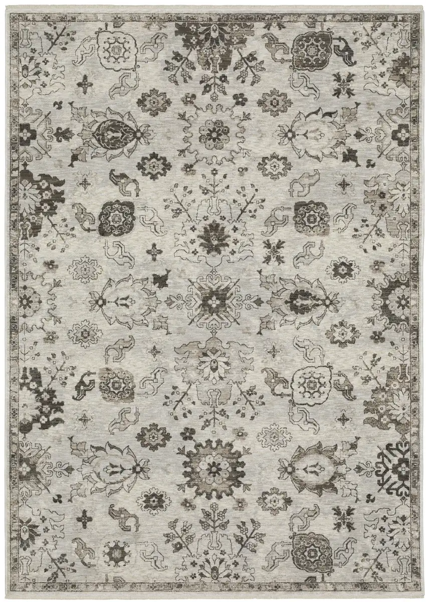 Ivory And Gray Oriental Area Rug With Fringe Photo 2