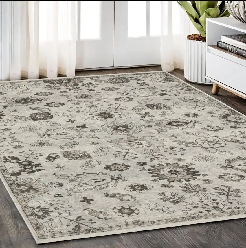 Ivory And Gray Oriental Area Rug With Fringe Photo 1