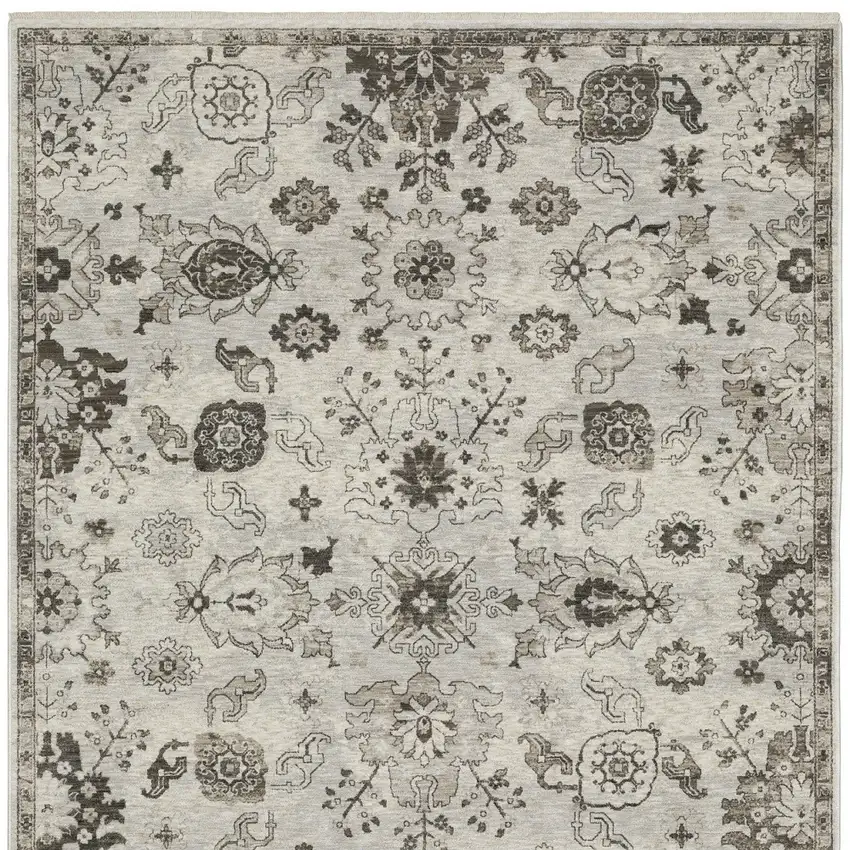 Ivory And Gray Oriental Area Rug With Fringe Photo 9