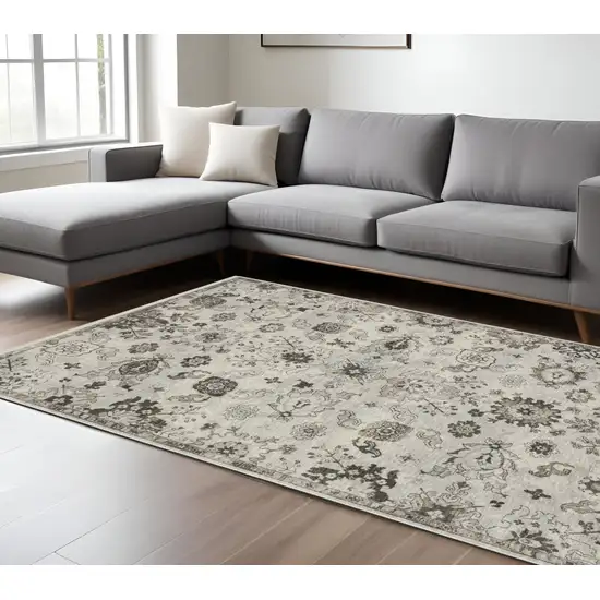 Ivory And Gray Oriental Area Rug With Fringe Photo 1