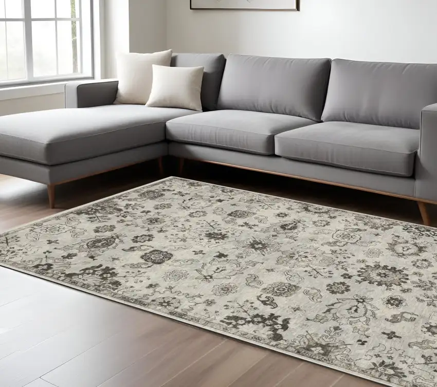 Ivory And Gray Oriental Area Rug With Fringe Photo 1