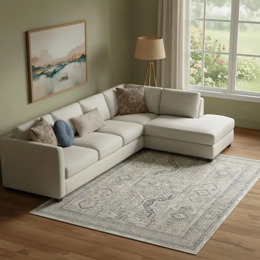 Ivory And Gray Oriental Distressed Area Rug With Fringe Photo 1