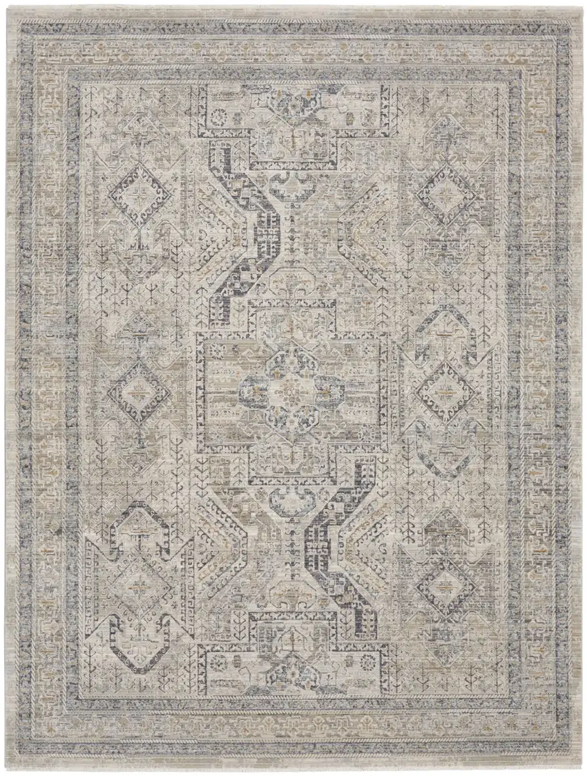 Ivory And Gray Oriental Distressed Area Rug With Fringe Photo 2