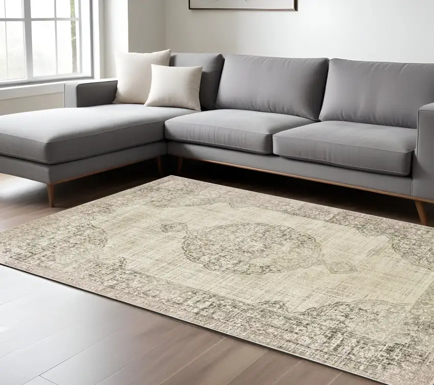Ivory And Gray Oriental Distressed Area Rug Photo 1