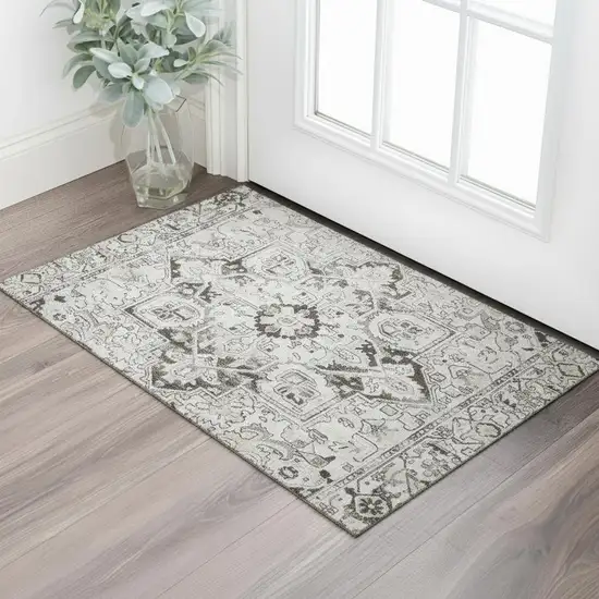 Ivory And Gray Oriental Washable Area Rug With UV Protection Photo 1