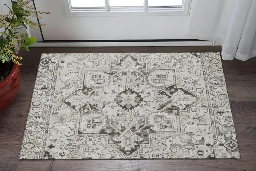 Ivory And Gray Oriental Washable Area Rug With UV Protection Photo 2