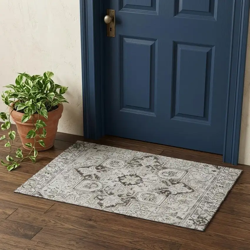 Ivory And Gray Oriental Washable Area Rug With UV Protection Photo 1