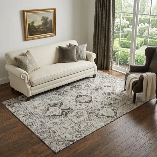 Ivory And Gray Oriental Washable Area Rug With UV Protection Photo 1