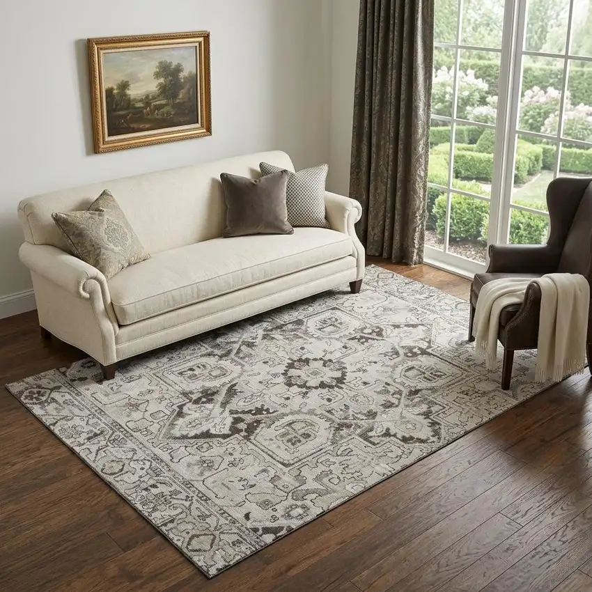 Ivory And Gray Oriental Washable Area Rug With UV Protection Photo 1