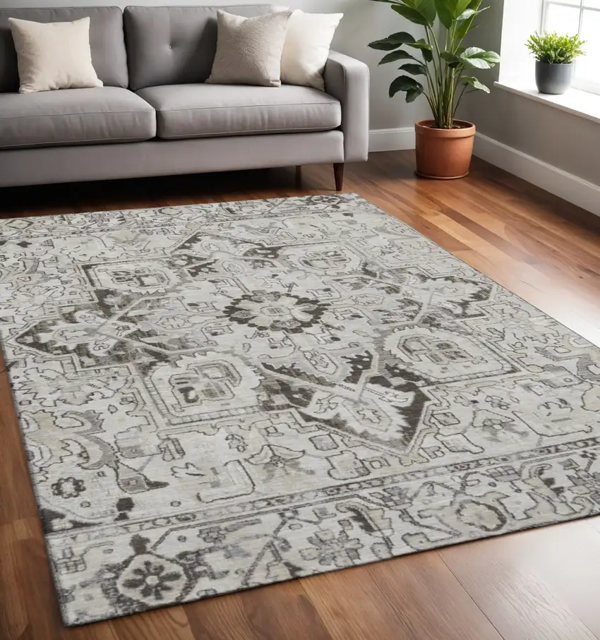 Ivory And Gray Oriental Washable Area Rug With UV Protection Photo 2