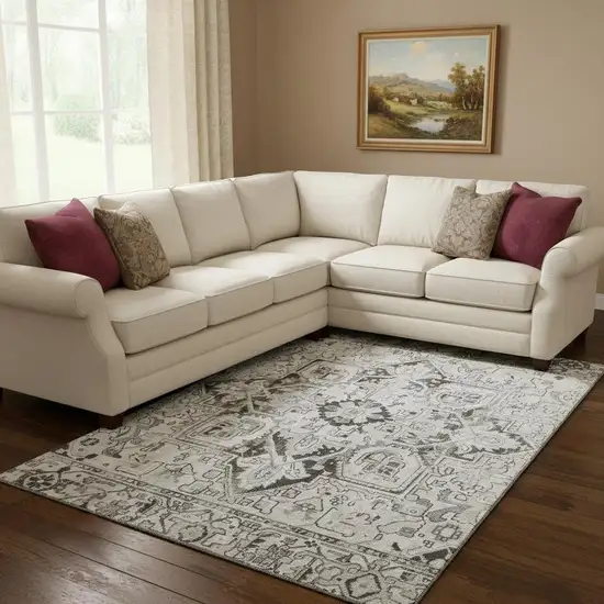 Ivory And Gray Oriental Washable Area Rug With UV Protection Photo 1