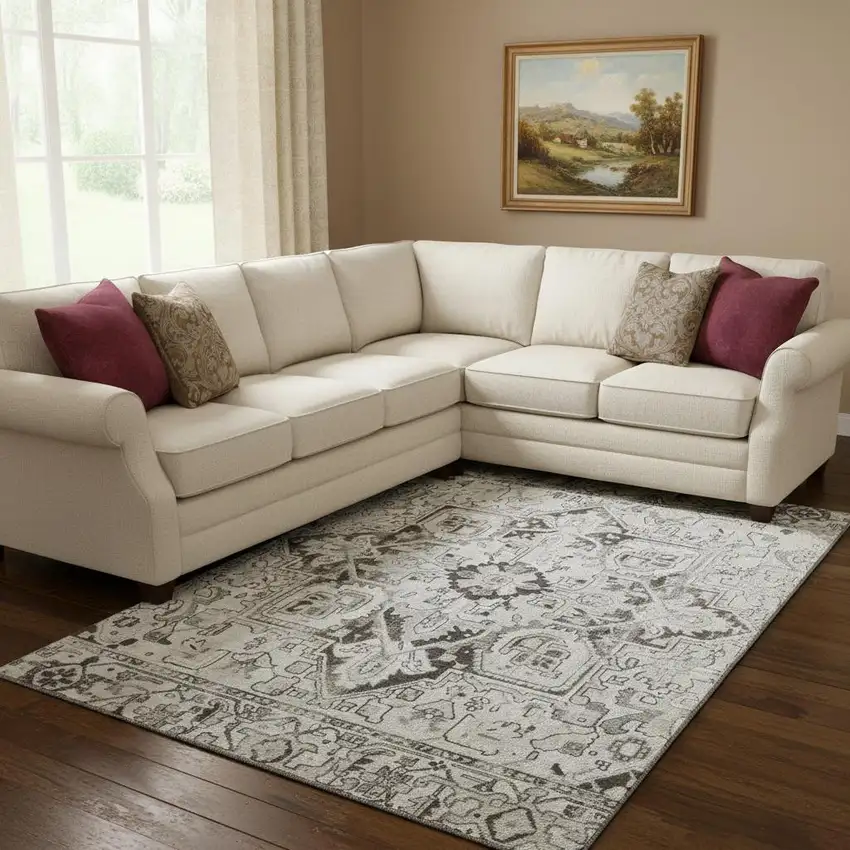 Ivory And Gray Oriental Washable Area Rug With UV Protection Photo 1