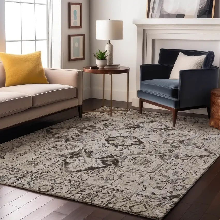 Ivory And Gray Oriental Washable Area Rug With UV Protection Photo 5