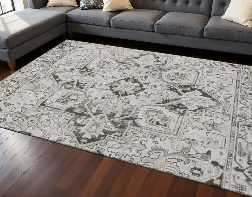 Ivory And Gray Oriental Washable Area Rug With UV Protection Photo 2