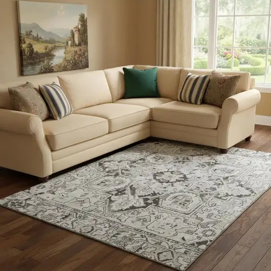 Ivory And Gray Oriental Washable Area Rug With UV Protection Photo 1