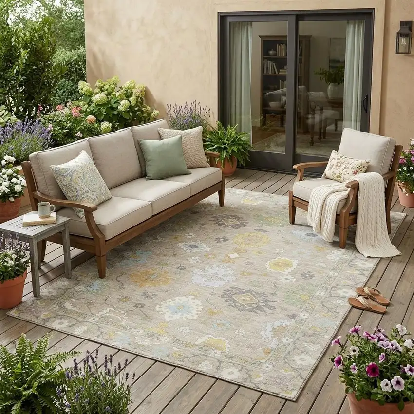 Ivory And Gray Oriental Washable Indoor Outdoor Area Rug Photo 1