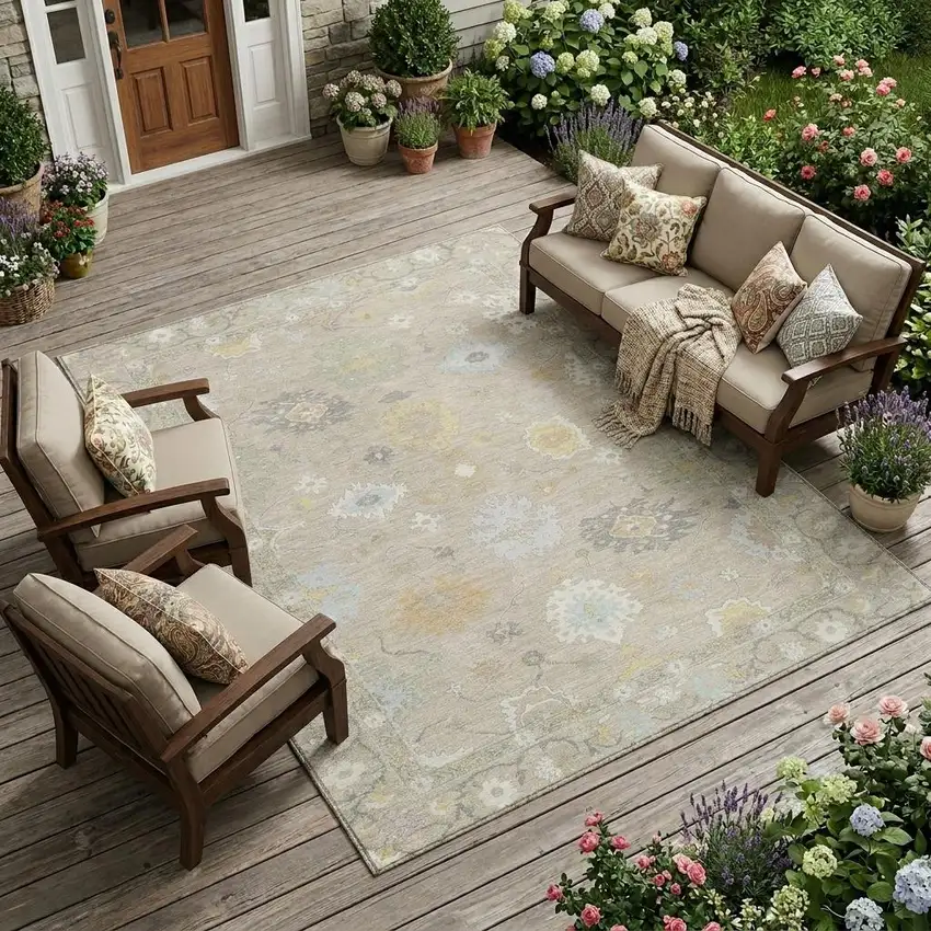 Ivory And Gray Oriental Washable Indoor Outdoor Area Rug Photo 1