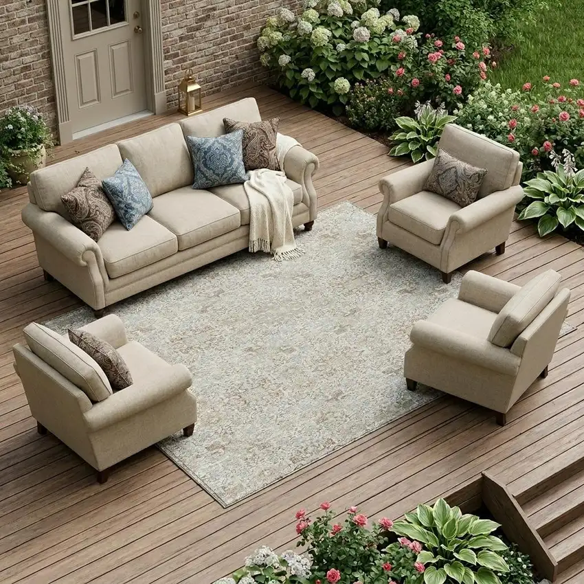 Ivory And Gray Oriental Washable Indoor Outdoor Area Rug Photo 1