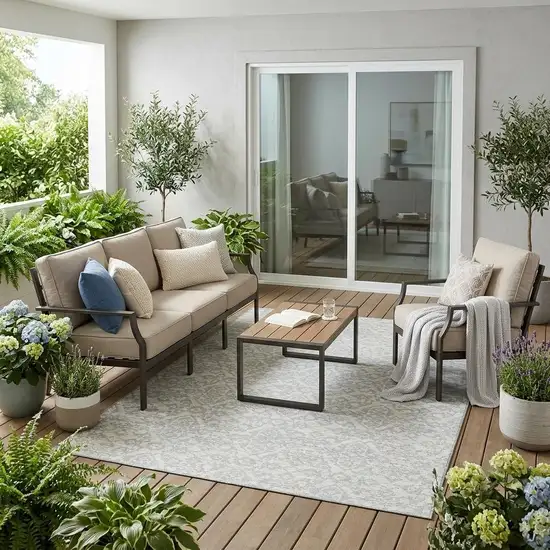 Ivory And Gray Oriental Washable Indoor Outdoor Area Rug Photo 1