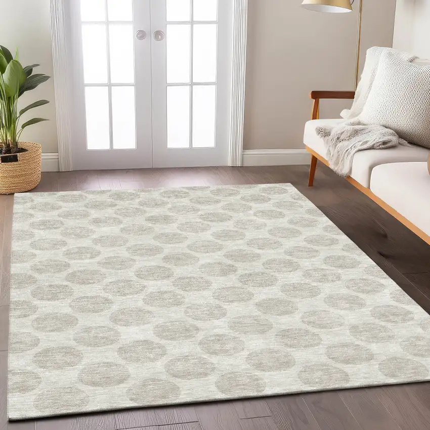 Ivory And Gray Polka Dot Washable Indoor Outdoor Area Rug Photo 9