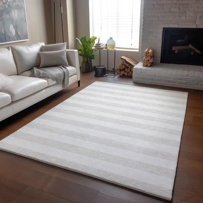 Ivory And Gray Striped Washable Area Rug With UV Protection Photo 5