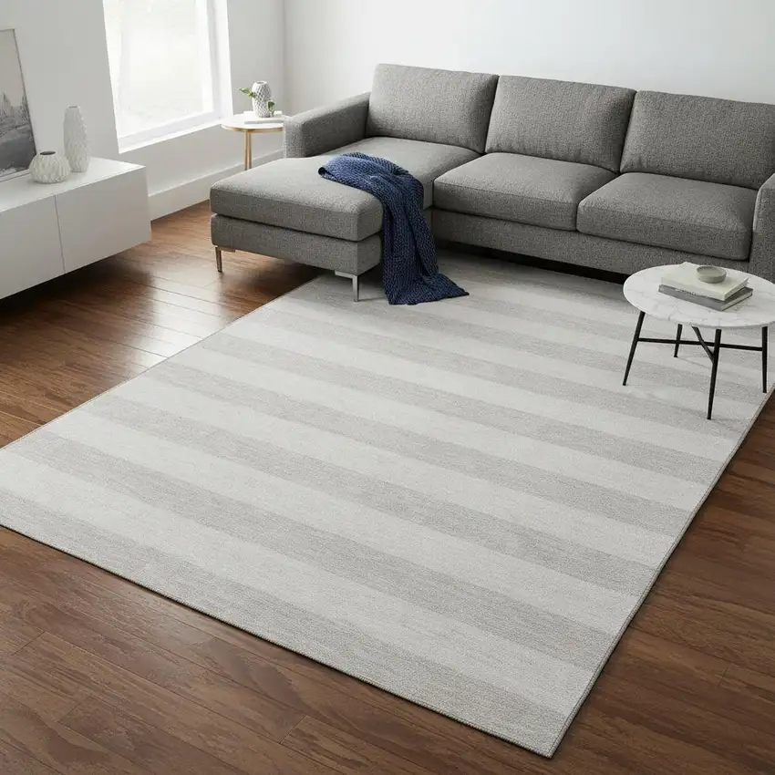Ivory And Gray Striped Washable Area Rug With UV Protection Photo 2