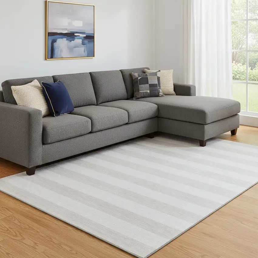 Ivory And Gray Striped Washable Area Rug With UV Protection Photo 1