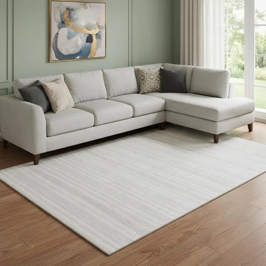 Ivory And Gray Striped Washable Area Rug With UV Protection Photo 1