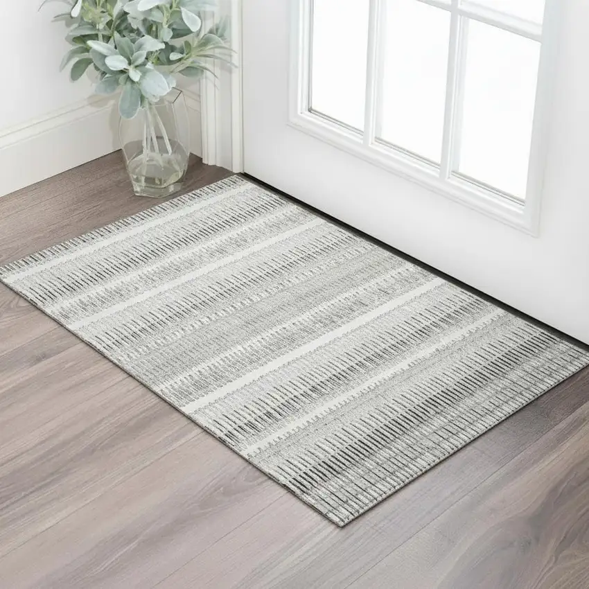 Ivory And Gray Striped Washable Area Rug With UV Protection Photo 1