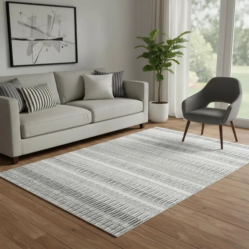 Ivory And Gray Striped Washable Area Rug With UV Protection Photo 1