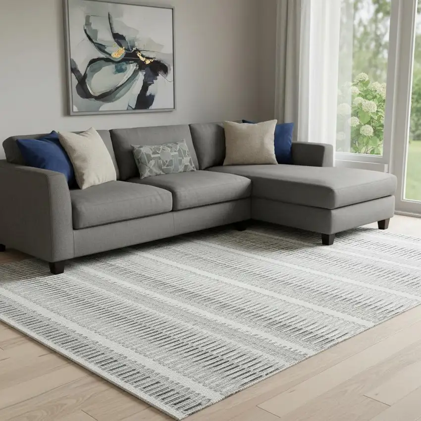 Ivory And Gray Striped Washable Area Rug With UV Protection Photo 1