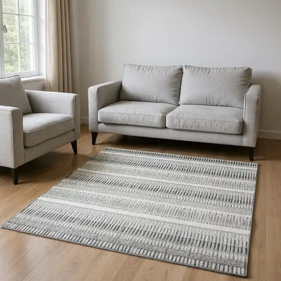 Ivory And Gray Striped Washable Area Rug With UV Protection Photo 2