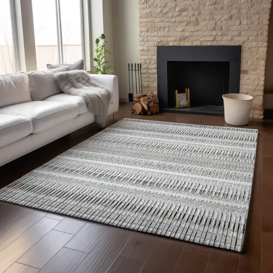 Ivory And Gray Striped Washable Area Rug With UV Protection Photo 6