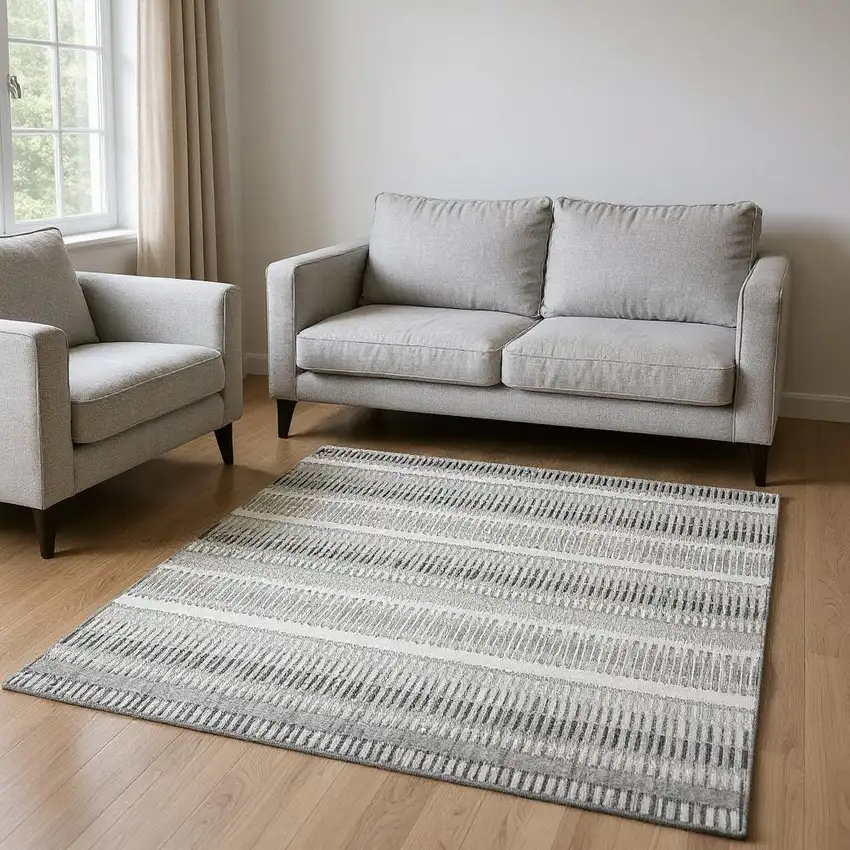 Ivory And Gray Striped Washable Area Rug With UV Protection Photo 2