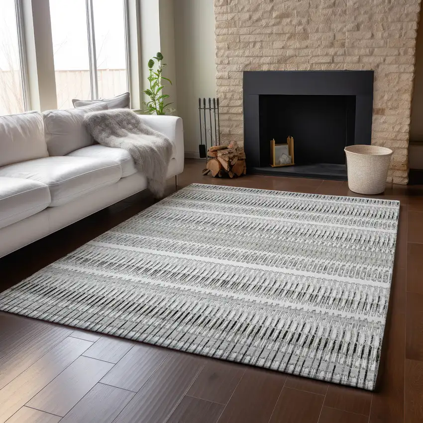 Ivory And Gray Striped Washable Area Rug With UV Protection Photo 6